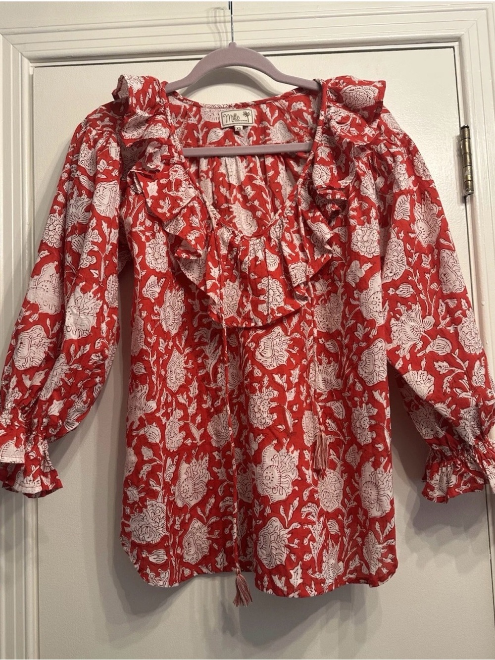 Red Floral Ruffle V-Neck Zinnia Blouse with Tie